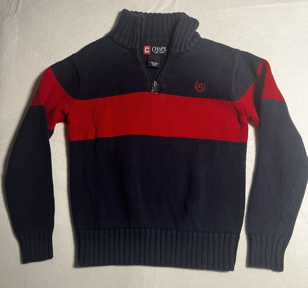 Chaps Boys Size 7 Quarter Zip Sweater Navy Red Stripe 100% Cotton Pullover